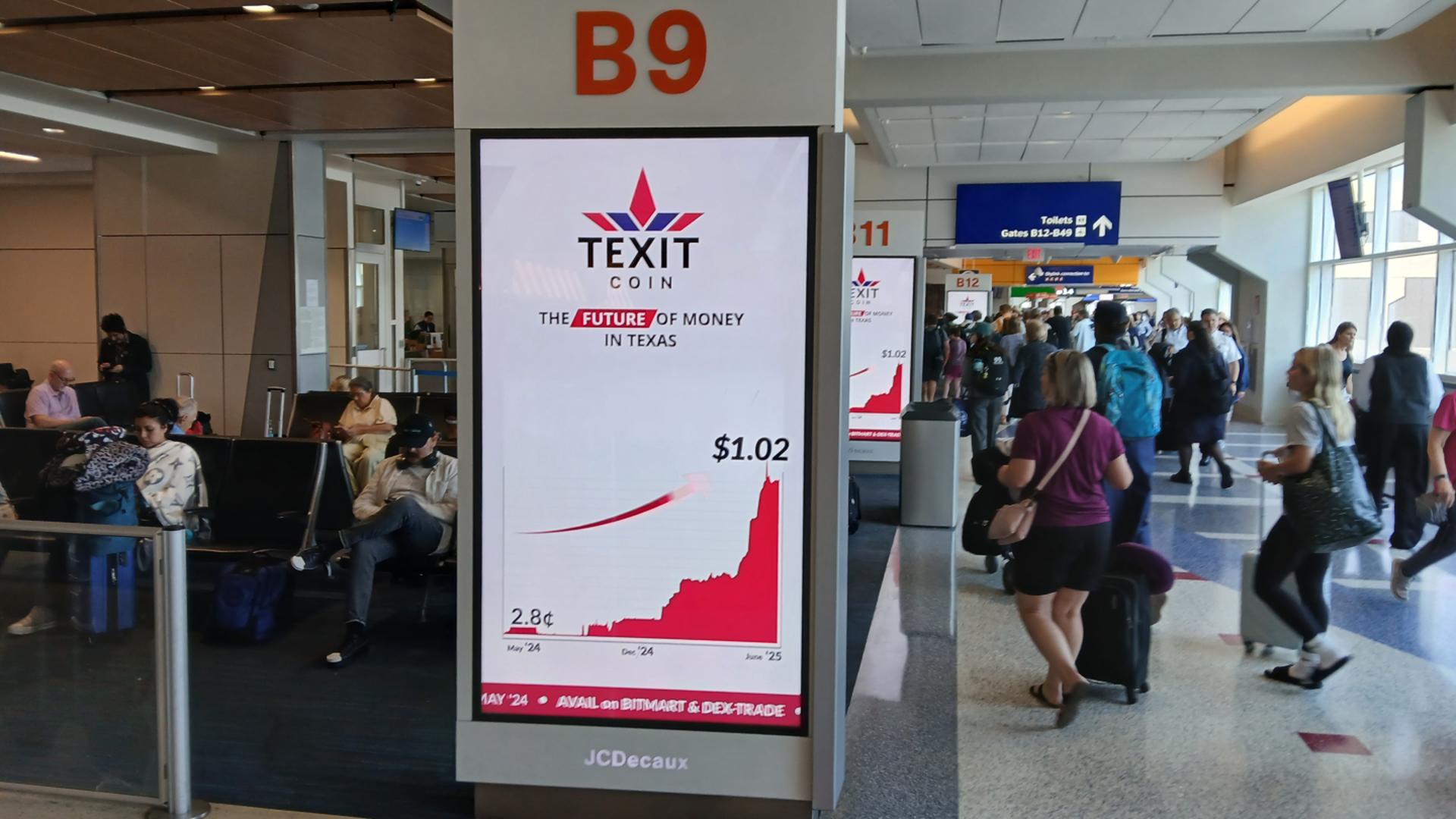 Texit Coin advertising inside Dallas Fort Worth airport